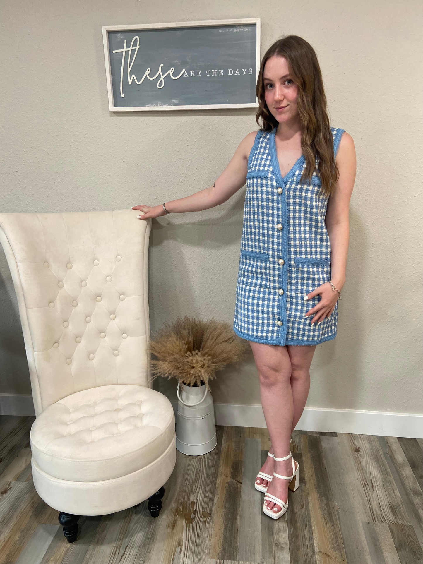 White/ Blue 'Claire' Pearl Button Up Dress