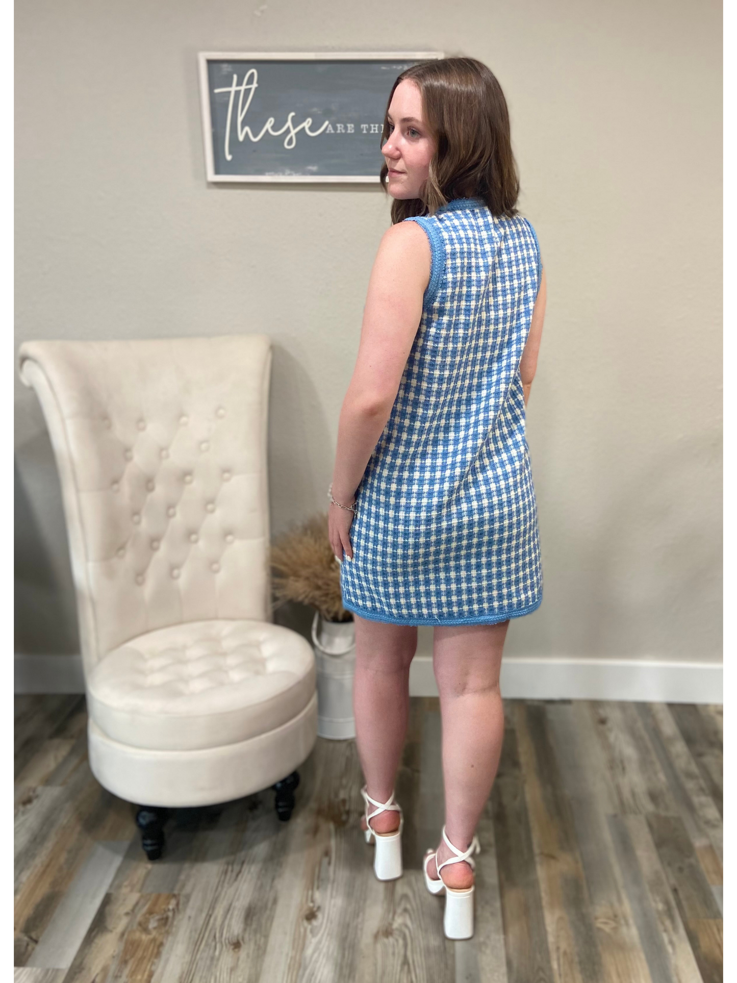 White/ Blue 'Claire' Pearl Button Up Dress