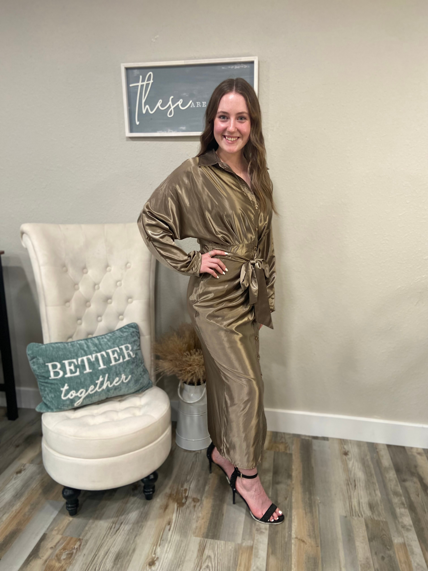 Gun Metal 'Scarlett' Silky Satin Tie Dress