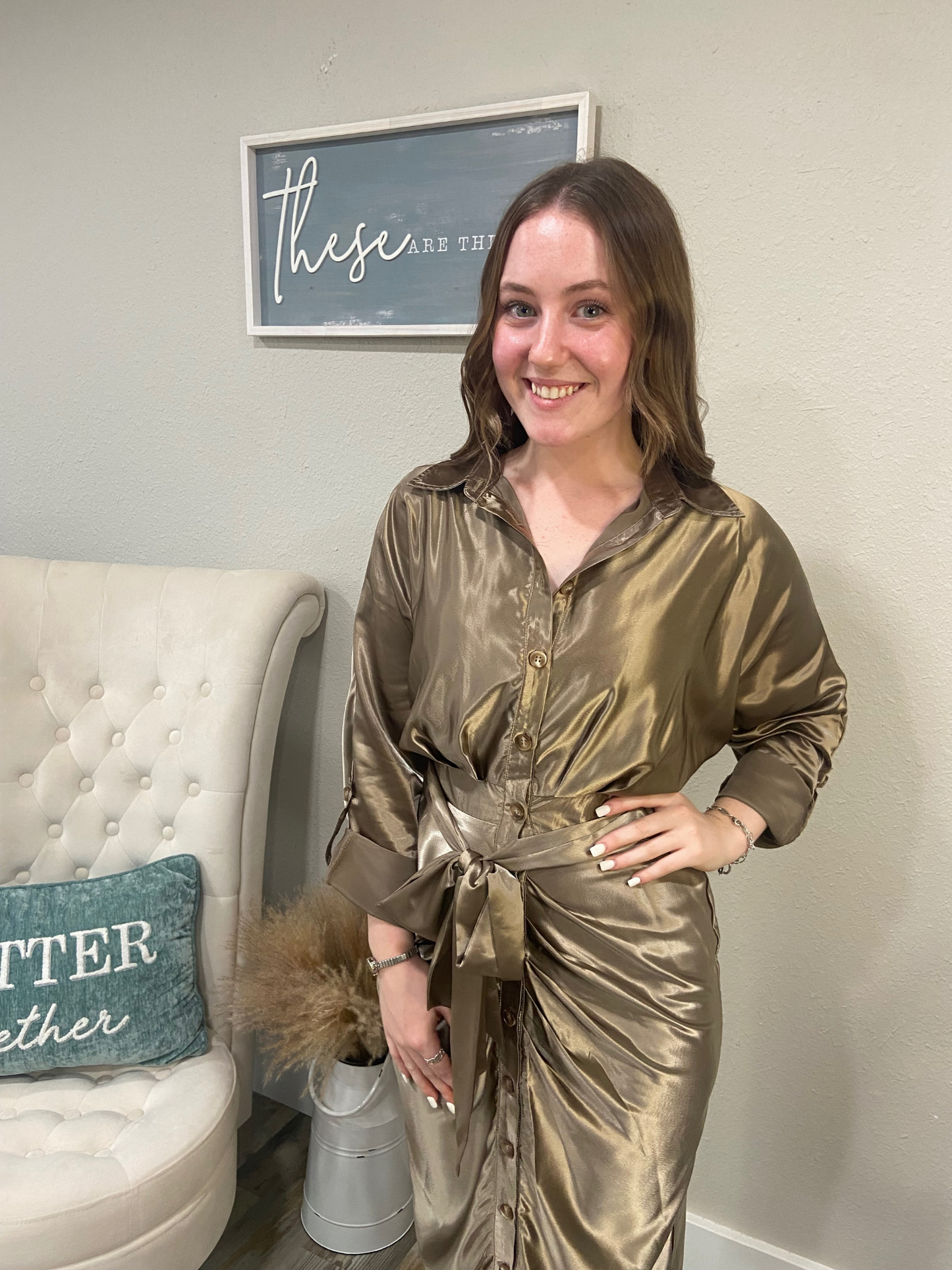 Gun Metal 'Scarlett' Silky Satin Tie Dress