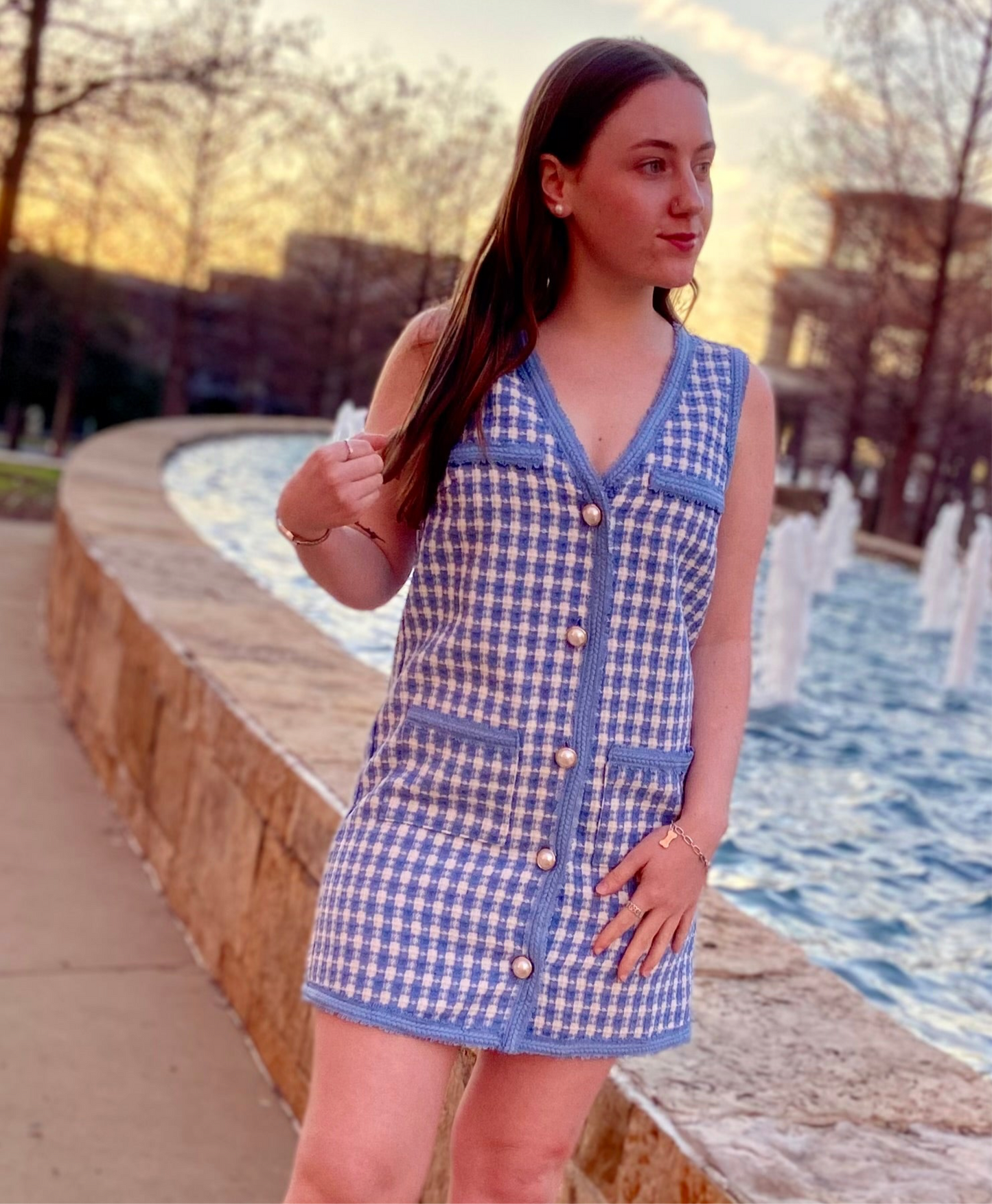 White/ Blue 'Claire' Pearl Button Up Dress