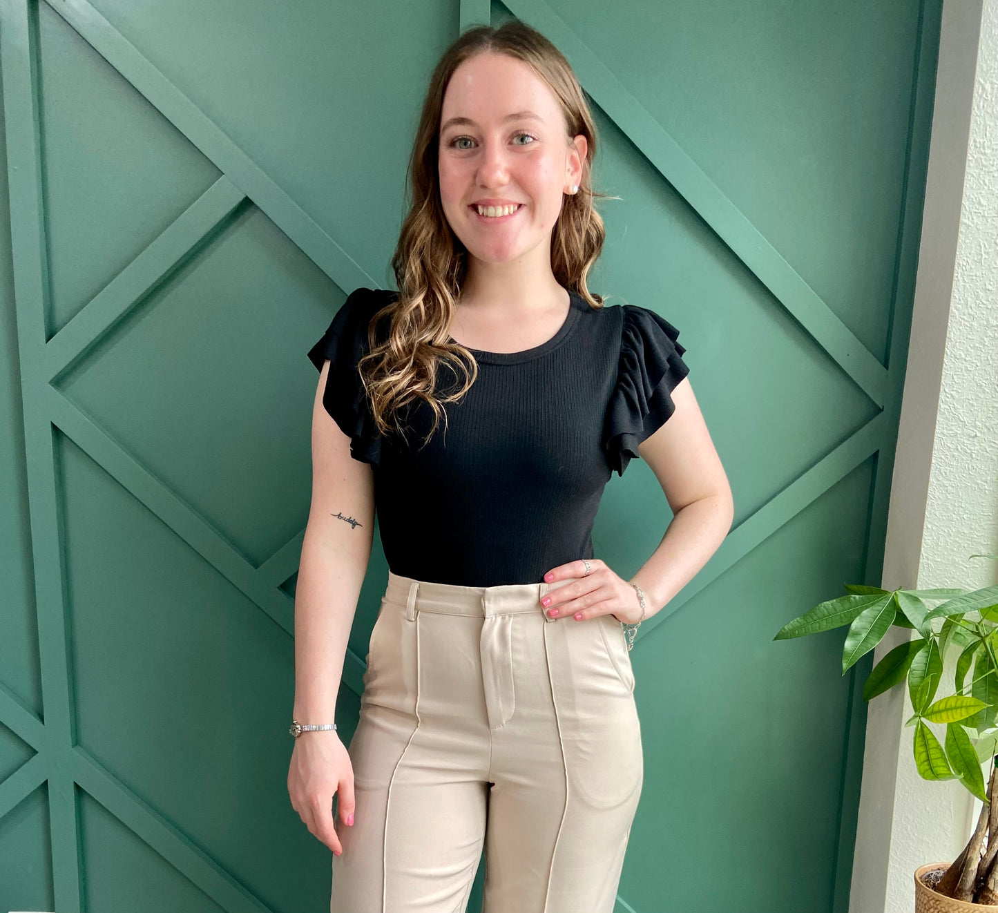 Black 'Elena' Ruffled Short Sleeve Bodysuit