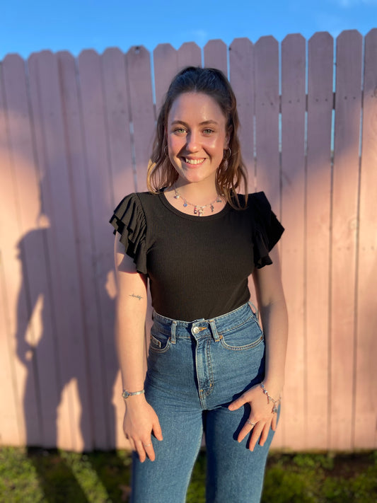 Black 'Elena' Ruffled Short Sleeve Bodysuit