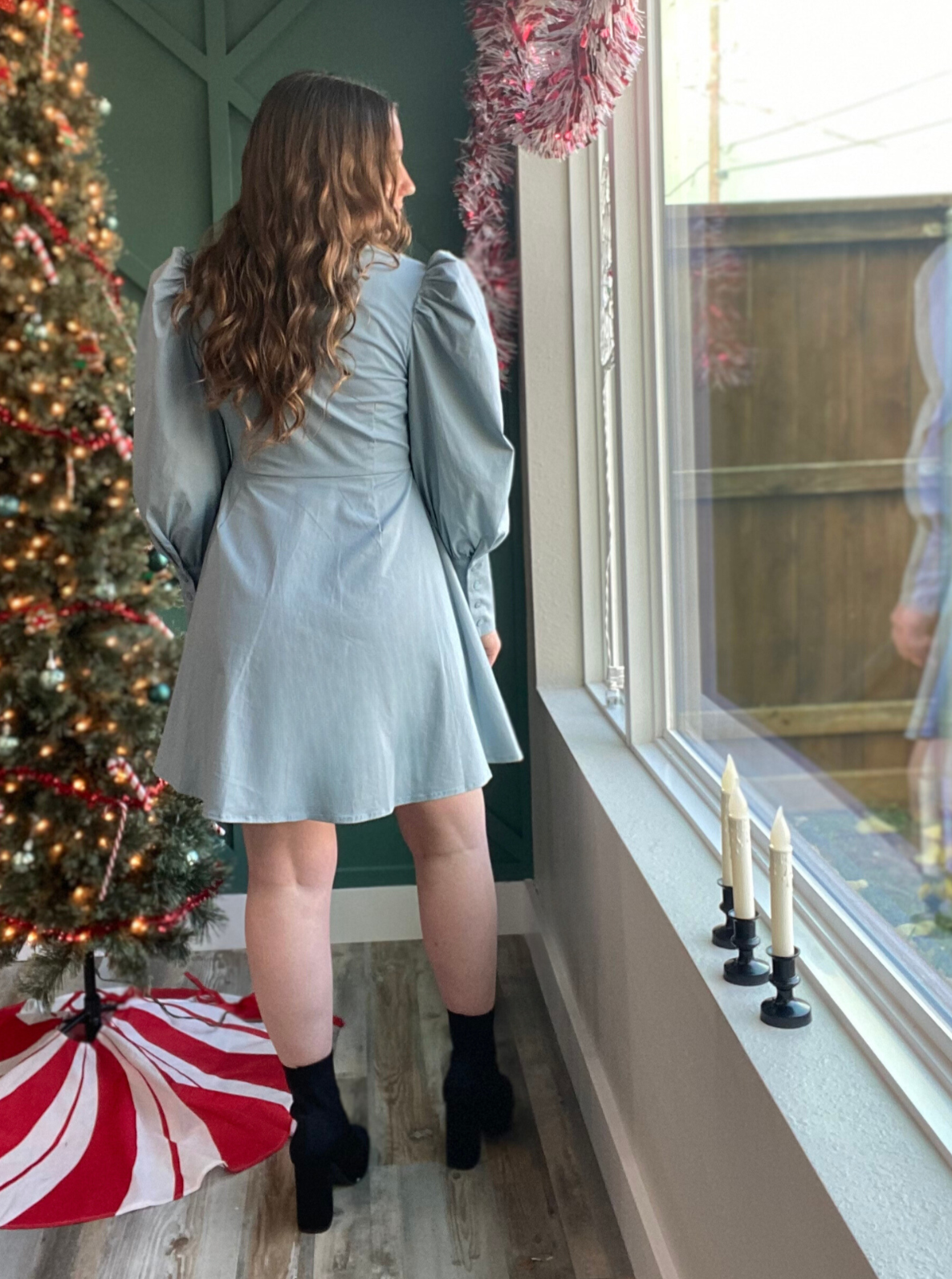 Blue 'Lyla' Zippered Front Cuff Sleeve Dress