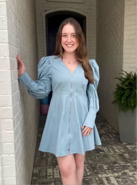 Blue 'Lyla' Zippered Front Cuff Sleeve Dress