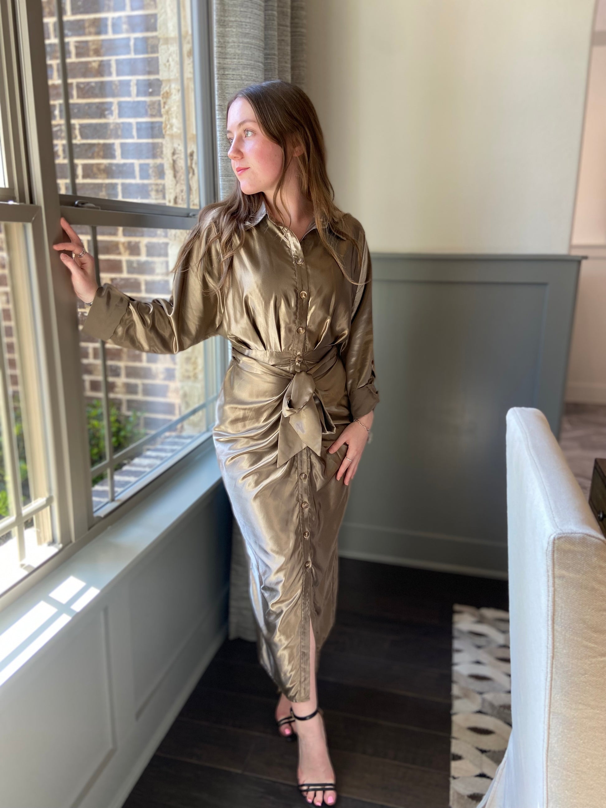 Gun Metal 'Scarlett' Silky Satin Tie Dress Small Gun Metal 'Scarlett' Silky Satin Tie Dress Small